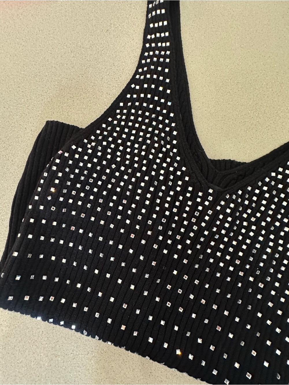 Boston Proper Black Rib Y2K Knit Studded V-Neck Sleeveless Tank Top Size M